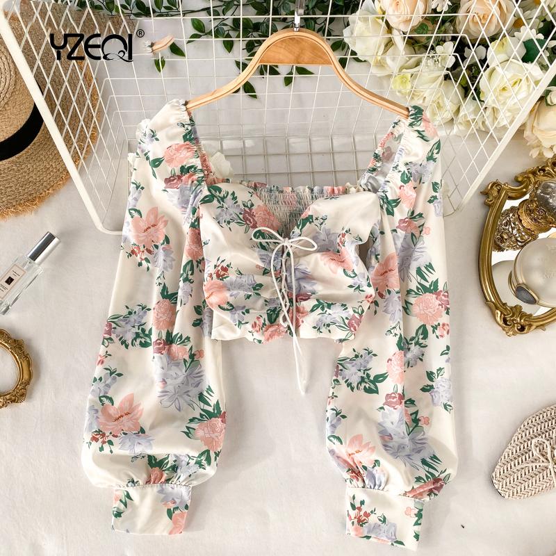 

Yzeqi Sexy Summer Top Tank Off Shoulder Women Blouse Flower Print Long Sleeve Crop Blouses Fashion Shirt Casual Tee 2021, Beige