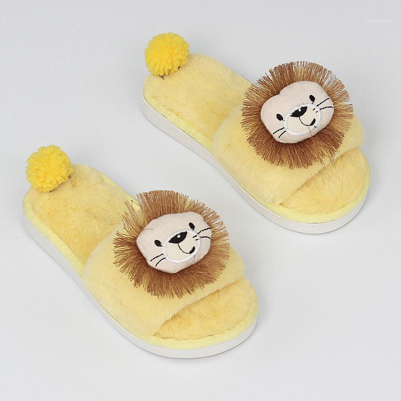 

Winter Parent-child Plush Slippers Home Indoor Slippers Boys Girls Cute Animal Lion Pantuflas Floor Drag Plush Cotton1, White