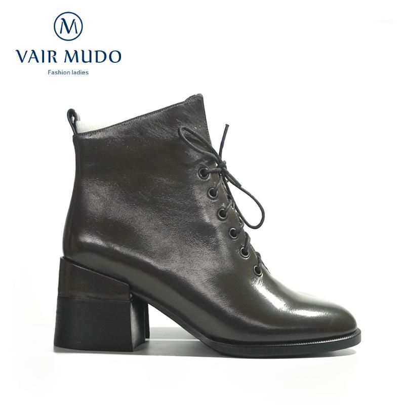 

VAIR MUDO Ankle Boots Shoes Women Thick Heels Patent Leather Round Toe Women Boots Shoes Fashion High quality Green Warm DX641, Black long plush