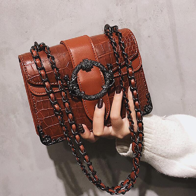 

Luxury Handbag Retro Fashion 2020 New Quality PU Leather Women's Designer Handbag Crocodile pattern Chain Shoulder Messenger Bag, Black