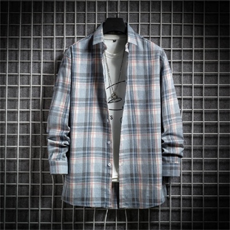 

Long Sleeve 2021 Spring and Autumn New Plaid Shirt Brushed Size Large M-5xl Male Youth GW67, Pink