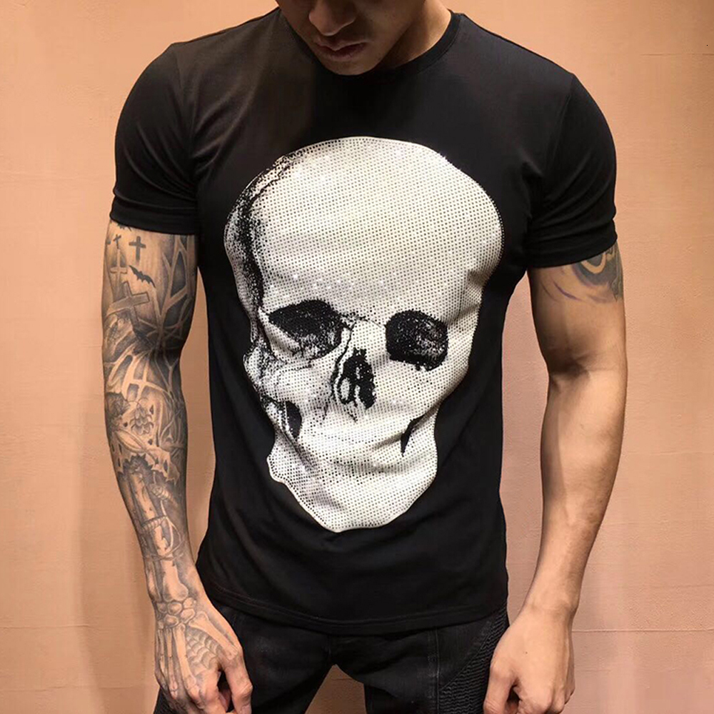 

Summer Designer Shirt Men Clothing Fashion Tshirts Rhinestone Big Skulls Printed Cotton T-shirt Male Top Tees Tntm, Black