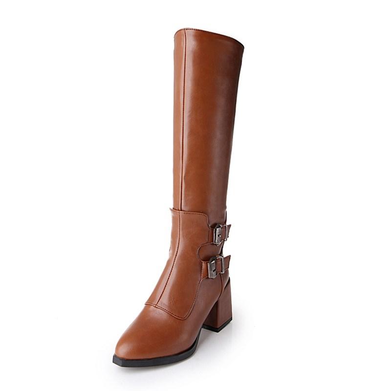 

Autumn and winter retro belt buckle pointed side zipper thick heel high-heeled Roman boots high-top knight boots large size 43, Black