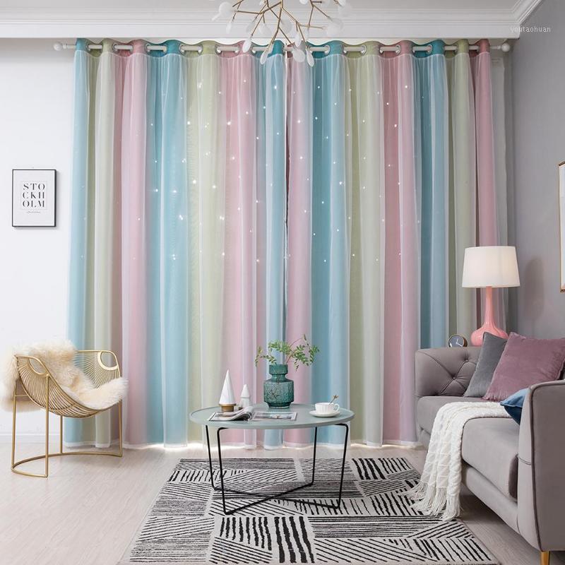 

100x250CM Romantic Rainbow Color Sheer Curtain Girl Kids Bedroom Full Blackout Window Drapes Hollow Star Curtain Home Decor1, 1pcs gold
