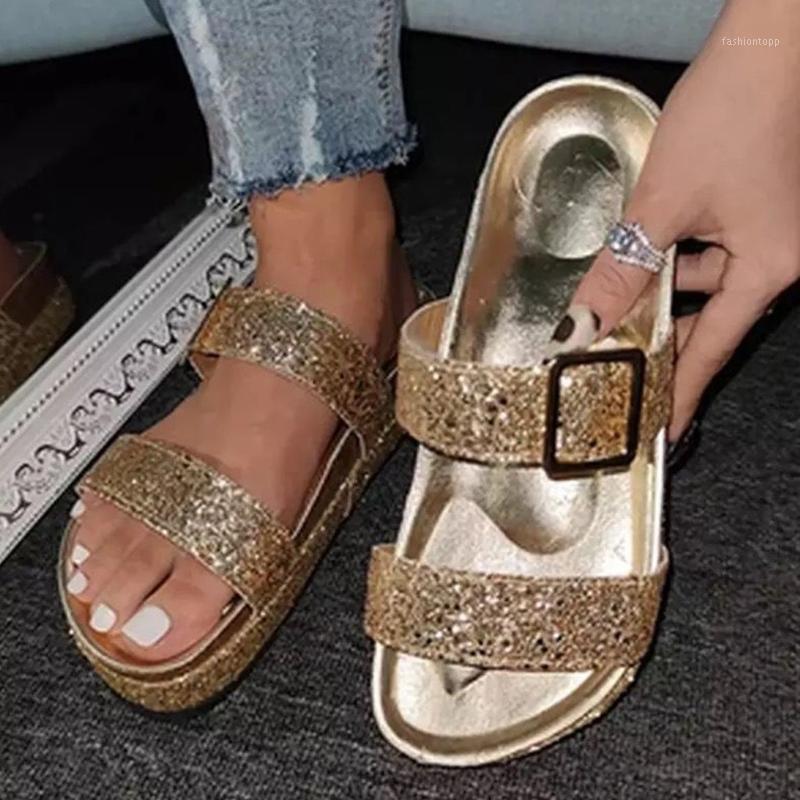 

Woman Slippers 2020 Summer Femmes Chaussures High Quality Belt Buckle Rhinestones Flat Comfortable Slippers Casual Women1, Gd