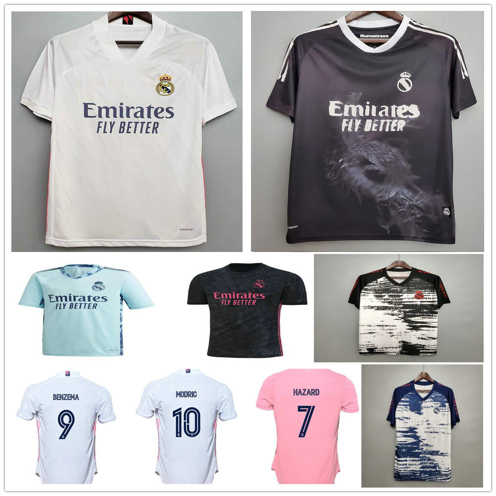 

20 21 Real Madrid Soccer Jersey Humanrace Version HAZARD BENZEMA SERGIO RAMOS MODRIC Home Away 2020 Goalkeeper Football Shirt Training Suit, Black;yellow