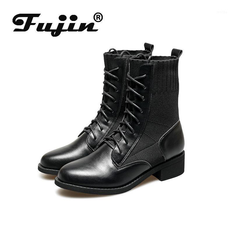 

Fujin Women Boots Black Genuine Leather Knitting Ankle Lace Up Booties Motorcycle Winter Warm Platform Fashion Breathable Boots1