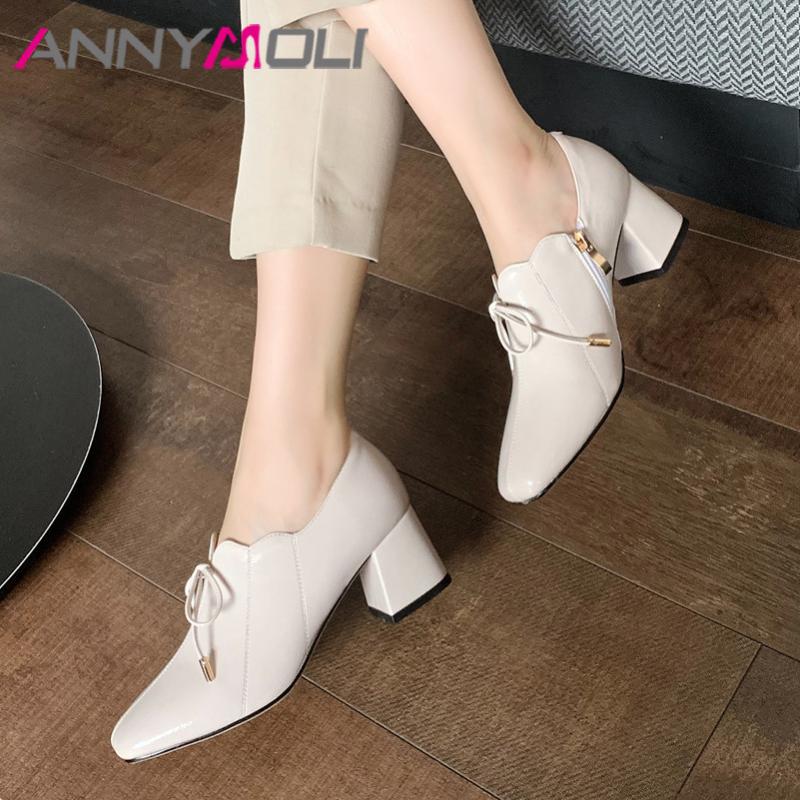 

ANNYMOLI High Heels Women Shoes Patent Leather Bow Chunky High Heels Shoes Zipper Square Toe Pumps Lady Red 2021 Big Size 33-42, Black