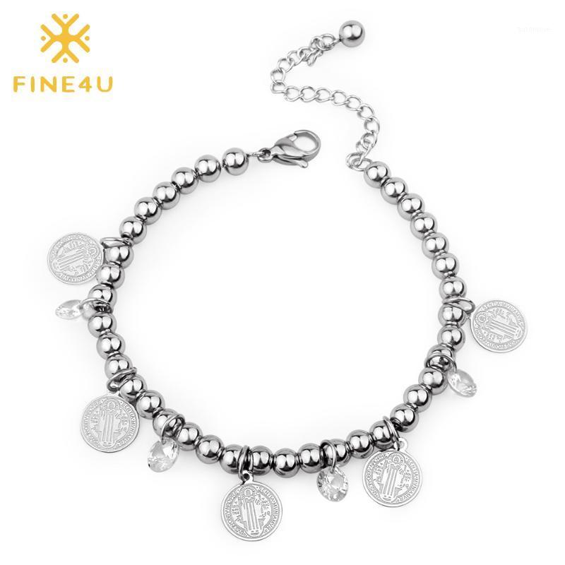 

FINE4U B181 Christian Jesus Charms Bracelet Adjustable Stainless Steel Beaded Bracelets For Crucifix Rosary Jewelry1