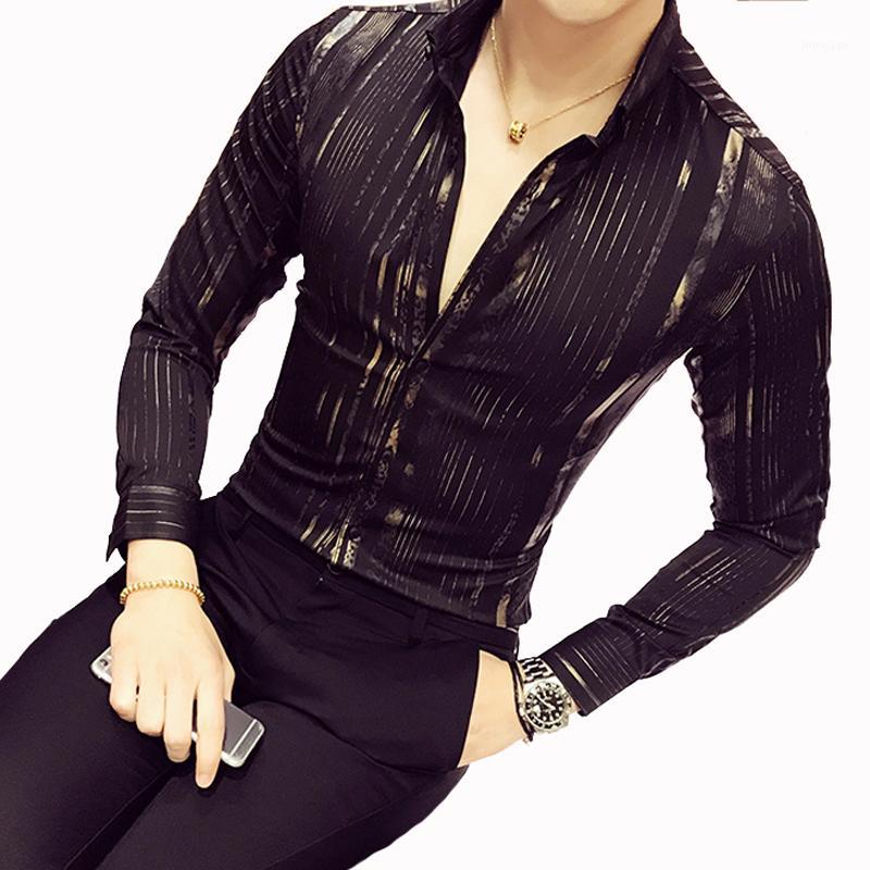 

Spring and Autumn 2018 New Boutique Fashion Striped Print Men' Casual Long-sleeved Shirts / Male Casual Slim Long Sleeve Shirts1, Black