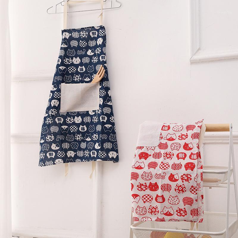 

Cartoon Cat Design Apron With Pockets Cotton Linen Sleeveless Anti-oil Chef Kitchen Cooking Aprons Kitchen Tool QJ051
