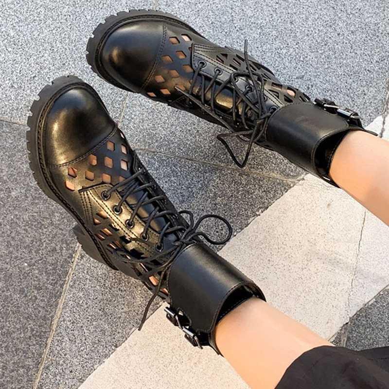 

Thick-heeled Roman boot hollow breathable women autumn new short net female British style brand high quality boot1, Black
