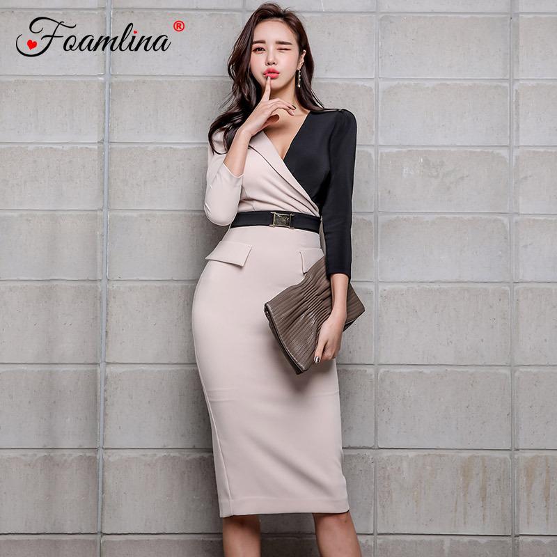 

Foamlina Elegant Korean Style Women Work Pencil Dress Sexy V Neck 3/4 Sleeve Color Block Casual Female Office Business Dress, As picture