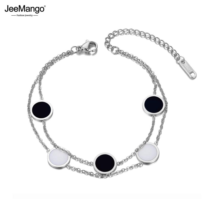 

JeeMango Fashion Double Layer Stainless Steel White & Black Acrylic Charm Bracelets For Women Bohemia Chain Bracelet JB20031