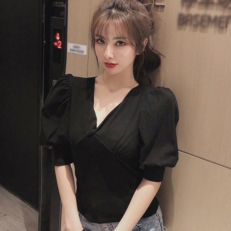 

Sexy Women Summer Shirt Fashion Women Tops Short Puff Sleeve V-neck Tops Shirts