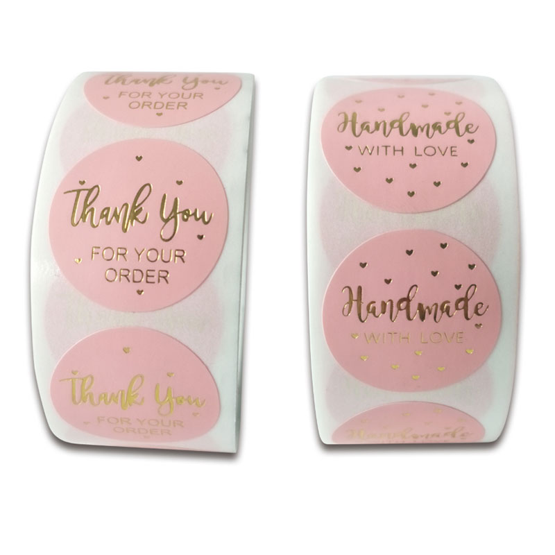 

500pcs 1inch Handmade With Love Paper Stickers Pink Round Thank you Adhesive Labels Baking Wedding Party Decoration