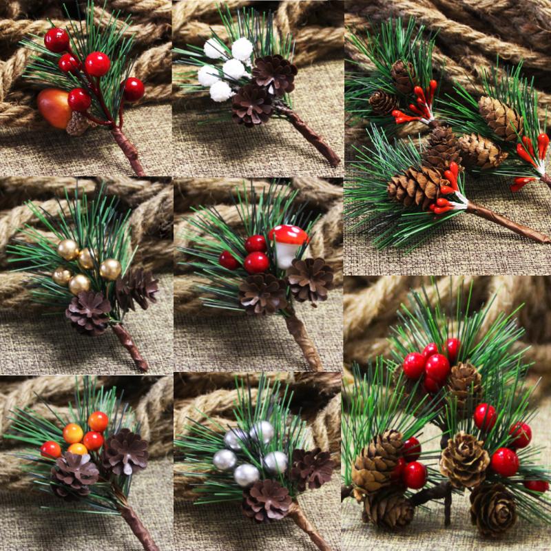

Decorative Flowers & Wreaths 5/10Pc Artificial Flower Red Christmas Berry Pine Cone With Holly Branches Mini Tree Ornaments Home Decor Craft