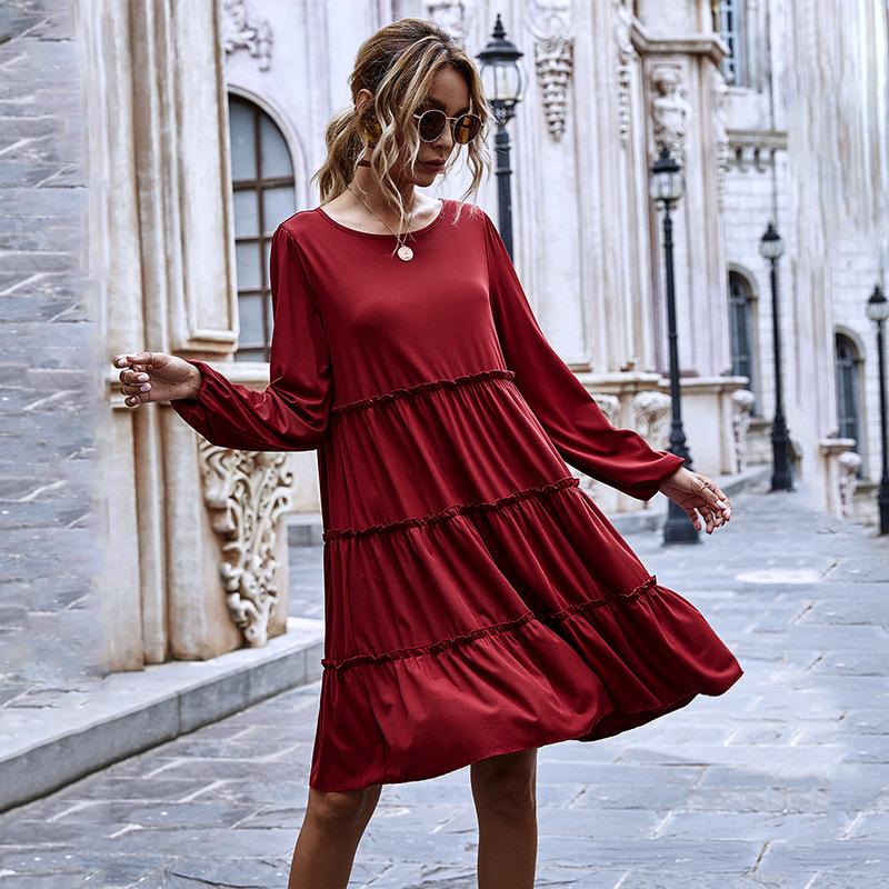 

2020 New Autumn O Neck Ruffle Dress Solid Long Sleeve Vintage Elegant Women Mid-calf Dress Red Vestidos, As pic
