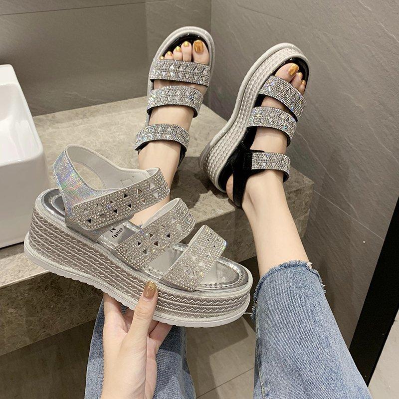 

Sandals 2021 Women Rhinestones Wedges Shoes Platform Summer Crystal High Heels Bling Wedding Party Silver, Black