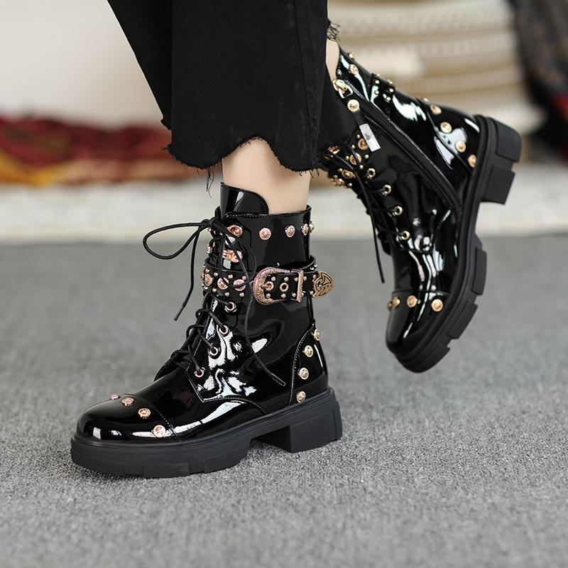 

fashion women black ankle boots buckle strap rivet shoes patent leather motorcycle punk female booties autumn winter ladies shoe