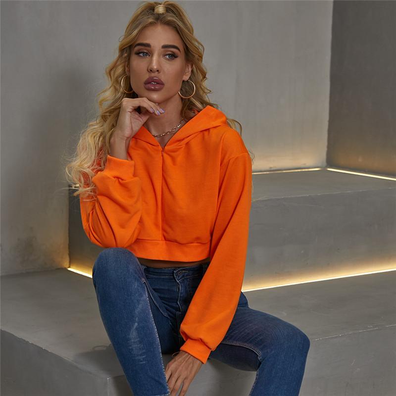 

Ahagaga Autumn Winter Hoodies Streetwear Long Sleeve Hooded Tops Women Fashion Casual Regular Pullovers Short Zipper Female Top, Orange