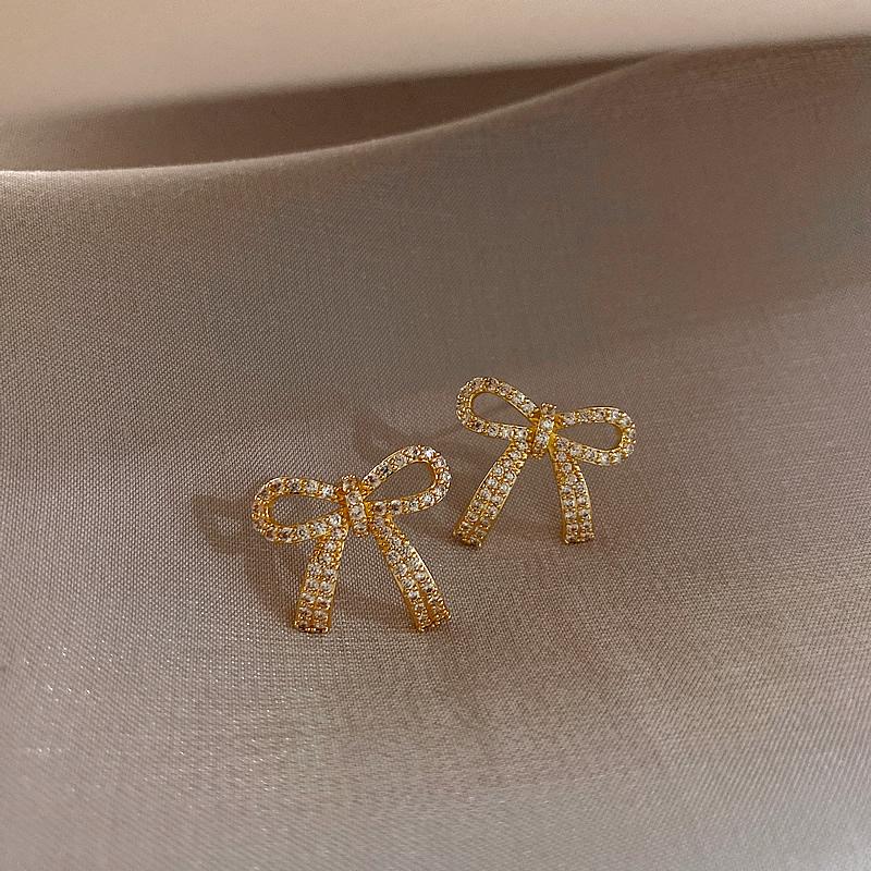 

Earrings 2021 Trend Exquisite Zircon Gold Bow Dangle Earrings For Woman Fashion Jewelry Luxury Party Girl's Unusual