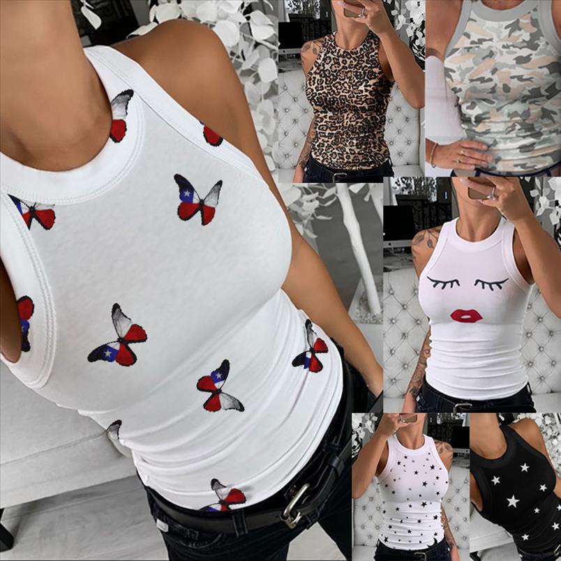 

Women T shirt Summer Leopard Butterfly Printed Tee Tops Ladies Round Neck Sleeveless Tshirt Vests 16 color option