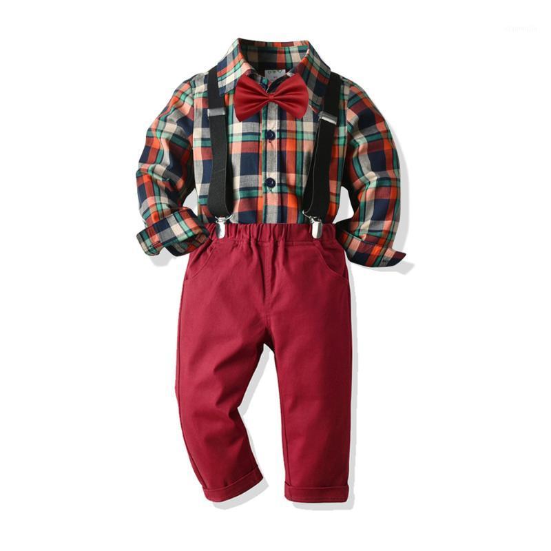 

4 Pcs Children Boys Sets Long Sleeve Shirt Plaid Long Pants Suspender Bow Tie AUTUMN Baby Infant Boy Clothing Set 2020 New1