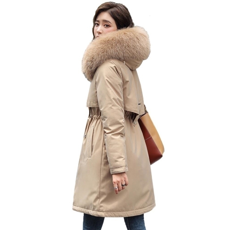 

Ladies Long Autumn Winter Jacket Women Velvet Liner Thicken Hooded Parkas Women Slim Fur Collar Warm Outerwear Women Coat Female 201127, 1 khaki