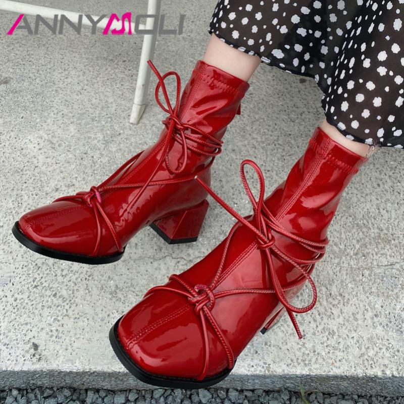 

ANNYMOLI Patent Leather High Heel Mid Calf Boots Women Shoes Square Toe Thick Heels Lace Up Zipper Boots Lady Autumn Winter 40, Black synthetic lin