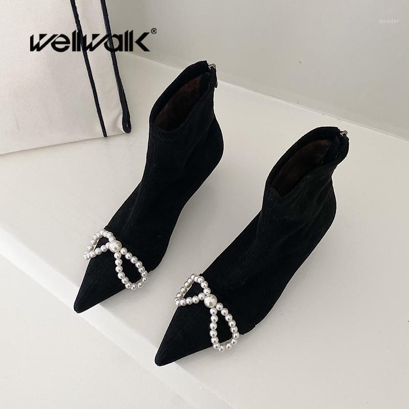 

Pearl Bow Ankle Boots Women Heel Shoes Fashion Chic Model Female Winter Dress Booties With Back Zipper Suede Fabric 2021 New In1, Black