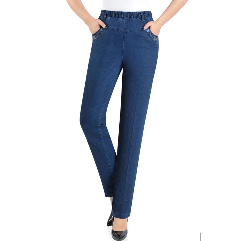 

2020 fashion spring summer jeans middle aged women elastic waist denim straight pants plus size high waist casual trousers 3394, Black blue