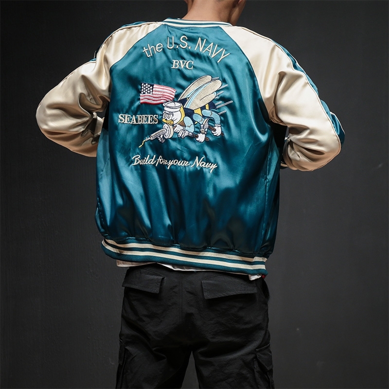 

Two Sides Luxury Embroidery Bomber Jacket Smooth Men Sukajan Yokosuka Souvenir Jacket Streetwear Hip Hop Baseball Jacket T200102, Blue