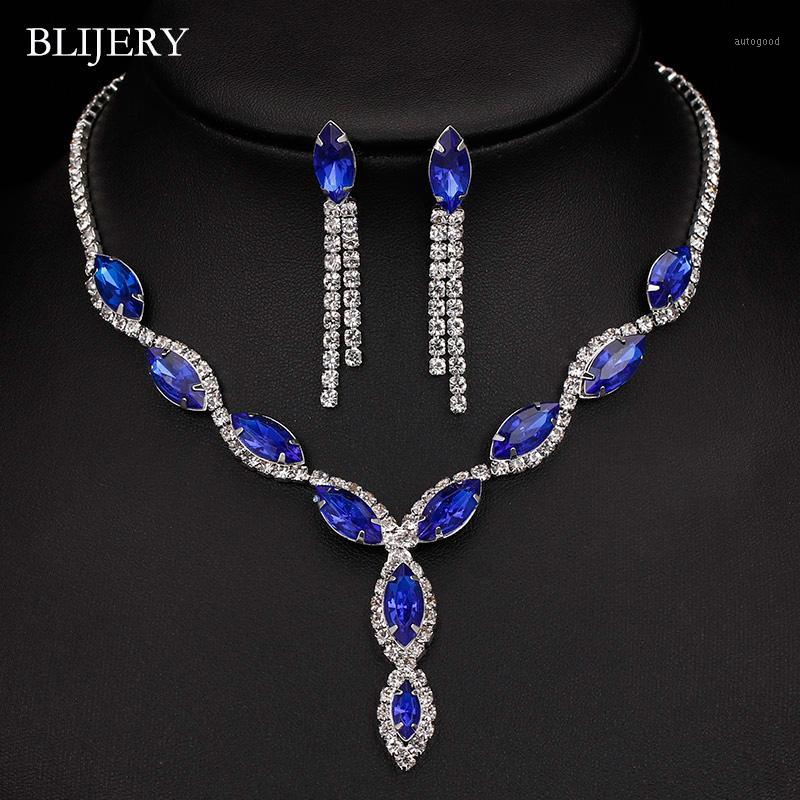 

BLIJERY Silver Plated Royal Blue Crystal Wedding Jewelry Sets for Women Leaf Tassel Long Necklace Earrings Bridal Jewelry Sets1