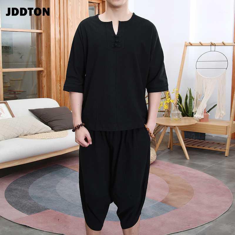 

Men's Tracksuits JDDTON Summer Men Loose Cotton Linen Two-Piece Set Clothing Style Suits Outerwear Fashion Casual Male Retro Suit JE1121, Black
