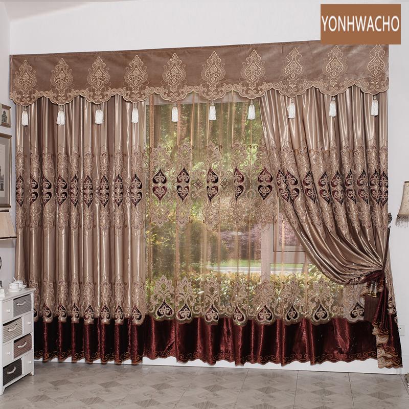 

Custom curtain Luxury villa European velvet embroidered living room brown cloth blackout curtain valance tulle panel C348