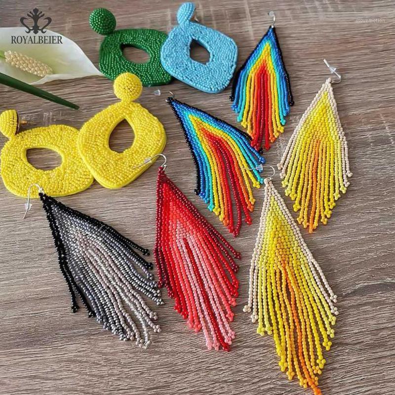 

ROYALBEIER Bohemian Long Tassel Acrylic Feather Shape Beaded Pendant Earrings Wedding Party Charm Jewelry Earrings1