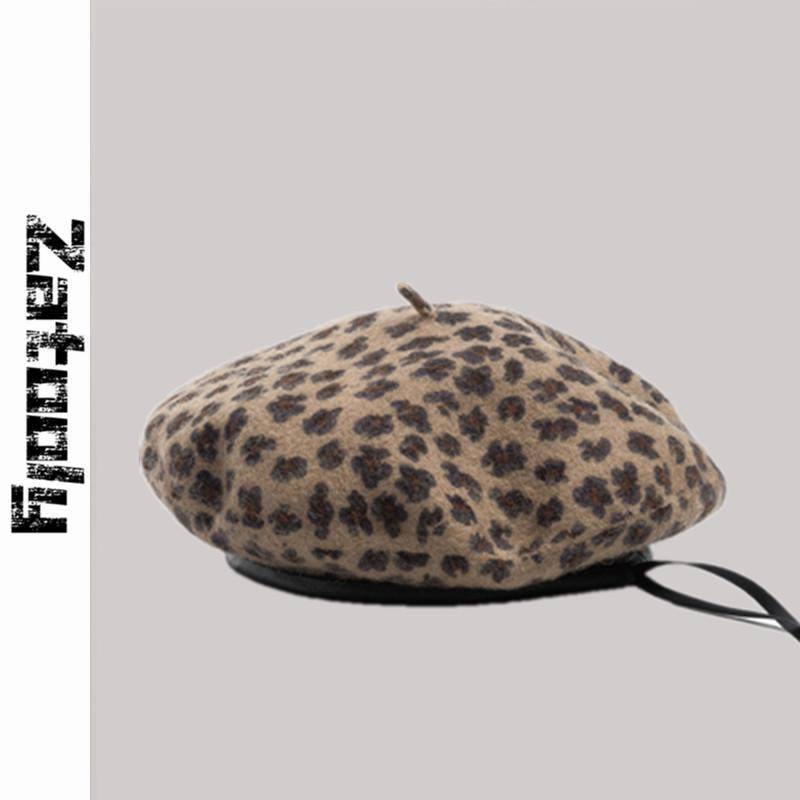 

Berets Winter Women Adjustable PU Leather Trimmed Wool Leopard Dots Artist French Hats Classical Juniors Baret Beanie Flat Hat