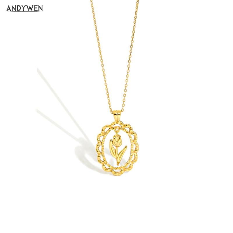 

ANDYWEN 925 Sterling Silver Gold Flower Pendant Long Chain Necklace 2020 Rock Punk Fashion Crystal Jewelry Party Thicker Jewels