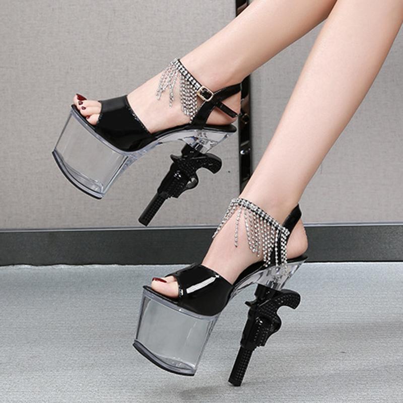

Super high heel sandals women's tide 2021 new summer word with high heel stiletto rhinestone hanging nightclub sandals, Black