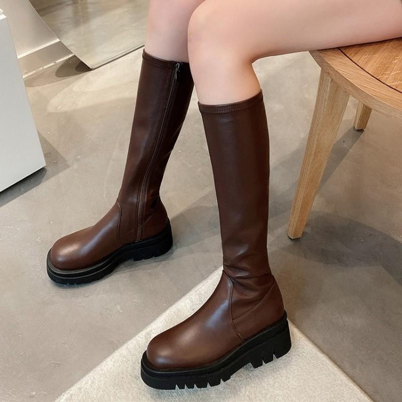 

2020 New Fashion Knee High Boots Female Square Heels Round Toe Winter Women Boots Chunky Platform Genuine Leather Side Zip, Black autumn