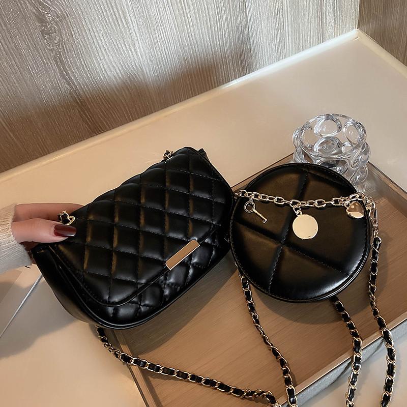 

Mini Round Designer PU Leather Zipper Crossbody Bags for Women 2021 Fashion Lattice Chain Shoulder Handbags and Purses, Round-black