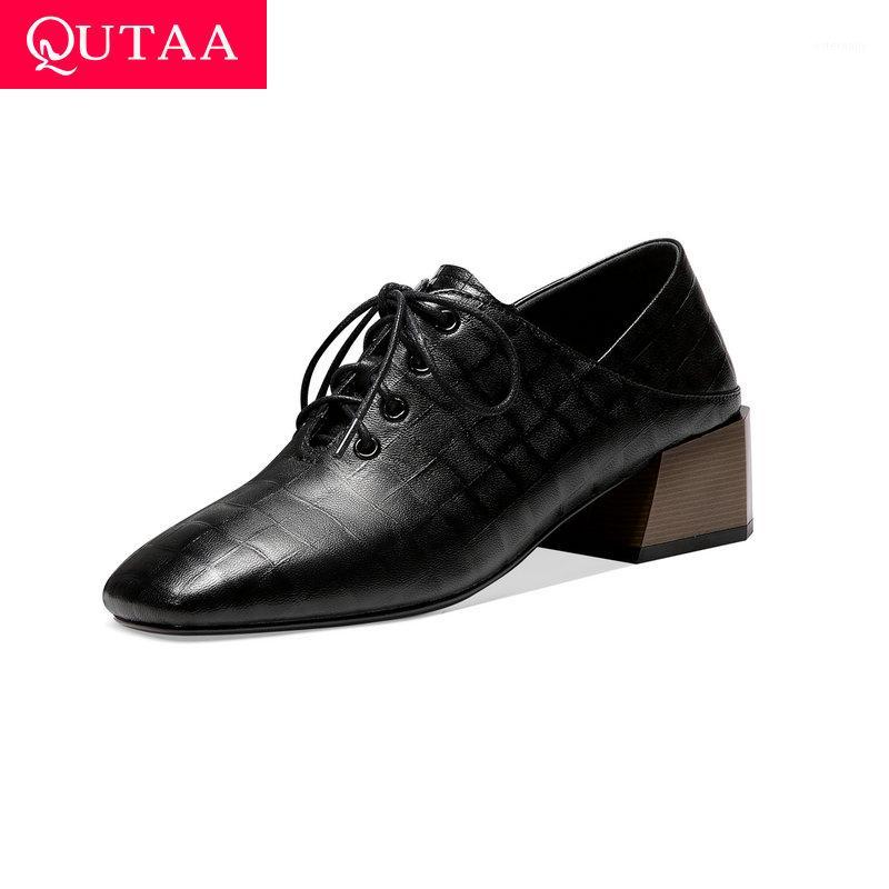 

QUTAA 2021 Square Toe Quality Cow Leather+PU Ladies Pumps Fashion Lace Up Square Med Heel Women Single Shoes Size 34-421, Black