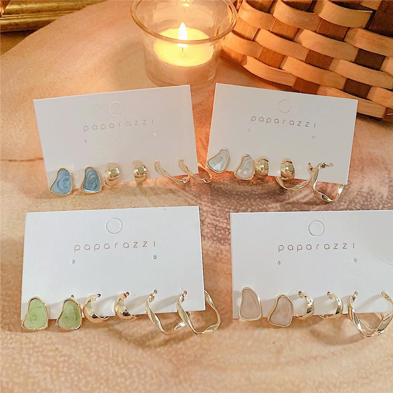 

HUANZHI S925 Needle 2021 Oil-spot Glaze Colorful Pearlescent Geometric Bright Gold Alloy Hoop Earrings Set for Women Girl