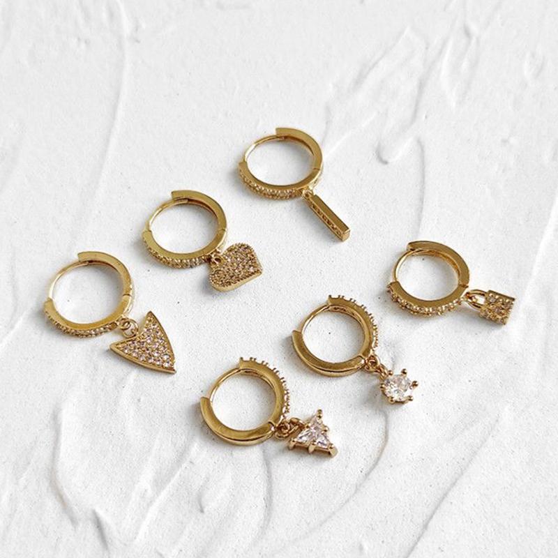 

Minimalist Style 6 Designs CZ Stone Cubic Zirconia Charm Bar Lock 13mm Love Heart Small Hoop Earrings for Women Girls Triangle