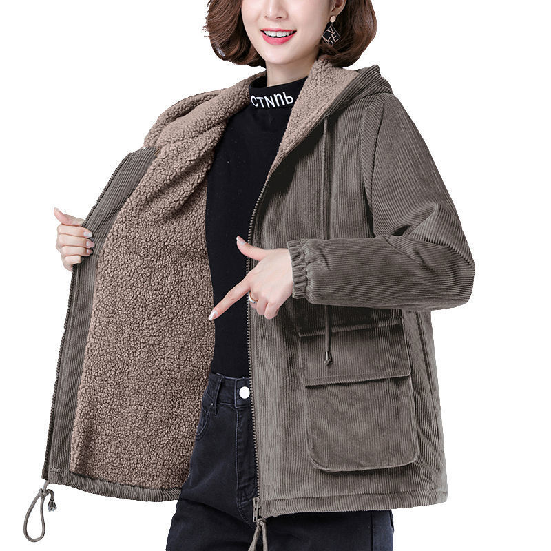 

2021 Women Corduroy Jacket Autumn Winter New Plus Size 5xl Loose Hooded Warm Plush Thicked Coat Female Short Cotton Outwear Y640 Z8v4, Brown