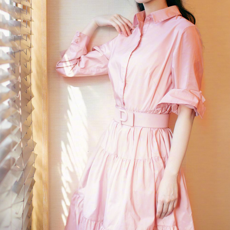 

Spring/summer 2021 New Sleeve Shirt Single Collar Breasted Belt Elegant Temperament Thin Fit Party Dress Long Women' Hiqm, Pink.