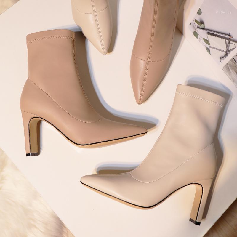 

Wed2020 Short Stretch Spring Autumn and Winter Nude Decent High-heeled Shoes Women's Single Boots All-match Internet1, Black