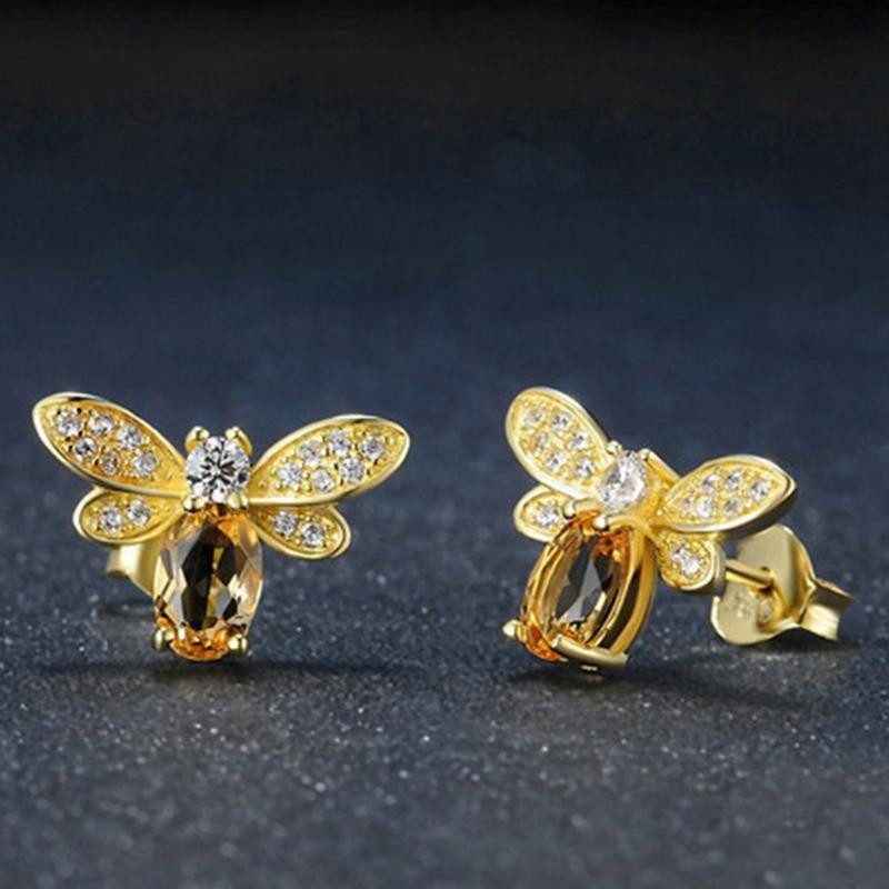 

Cute Tiny Bee Earring Jewelry Gold Color Honey Bee Earrings Stud Unique Yellow Crystal Rhinestone Earrings Jewelry For Women