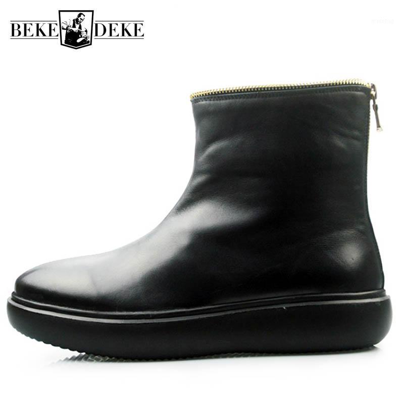 

Harajuku Mens Zipper Thick Platform Shoes Cow Genuine Leather Combat Boot Safety Shoes Fleece Lining Ankle Boots1, Black